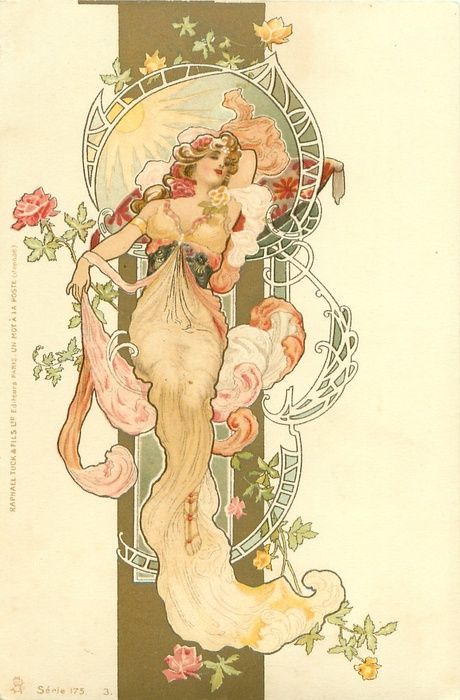 an art nouveau illustration of a woman in a flowing dress, surrounded by roses and other flowers. she is standing in front of a stylized background with the sun visible at the top. the image is reminiscent of vintage postcards, with the publisher raphael tuck & sons mentioned in the text.