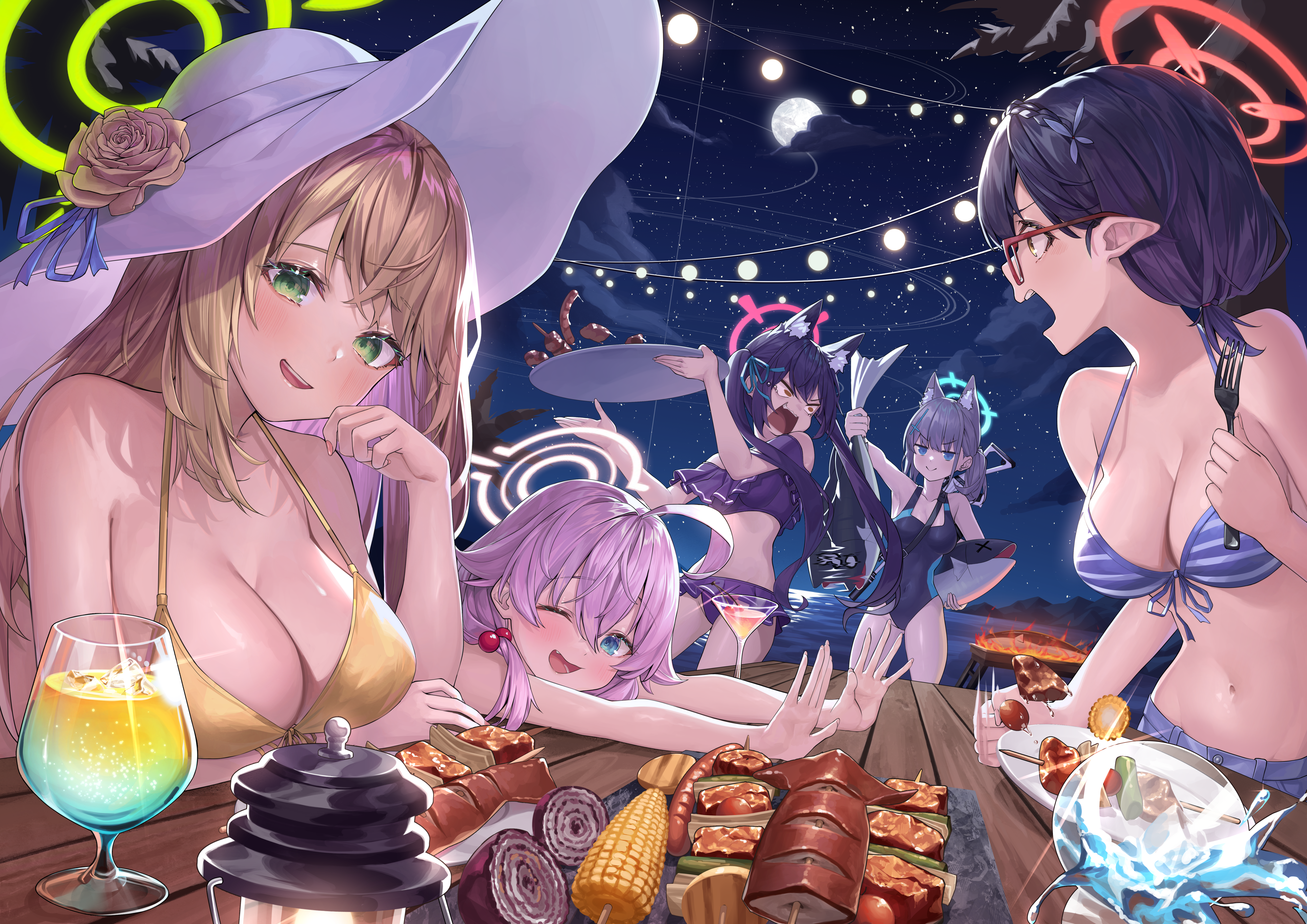 he image is a vibrant animestyle illustration depicting a group of young women enjoying a beach party at night.  the scene is set under a starry sky with a full moon, illuminated by string lights. the girls are dressed in various swimsuits and summer attire, with one wearing a large sun hat.  they are gathered around a table laden with grilled food, skewers, corn on the cob, and drinks. the overall mood is lighthearted and fun, with the girls appearing happy and relaxed. the artwork is detailed, with bright colors and a focus on character design and expression. the style is reminiscent of japanese anime and manga.