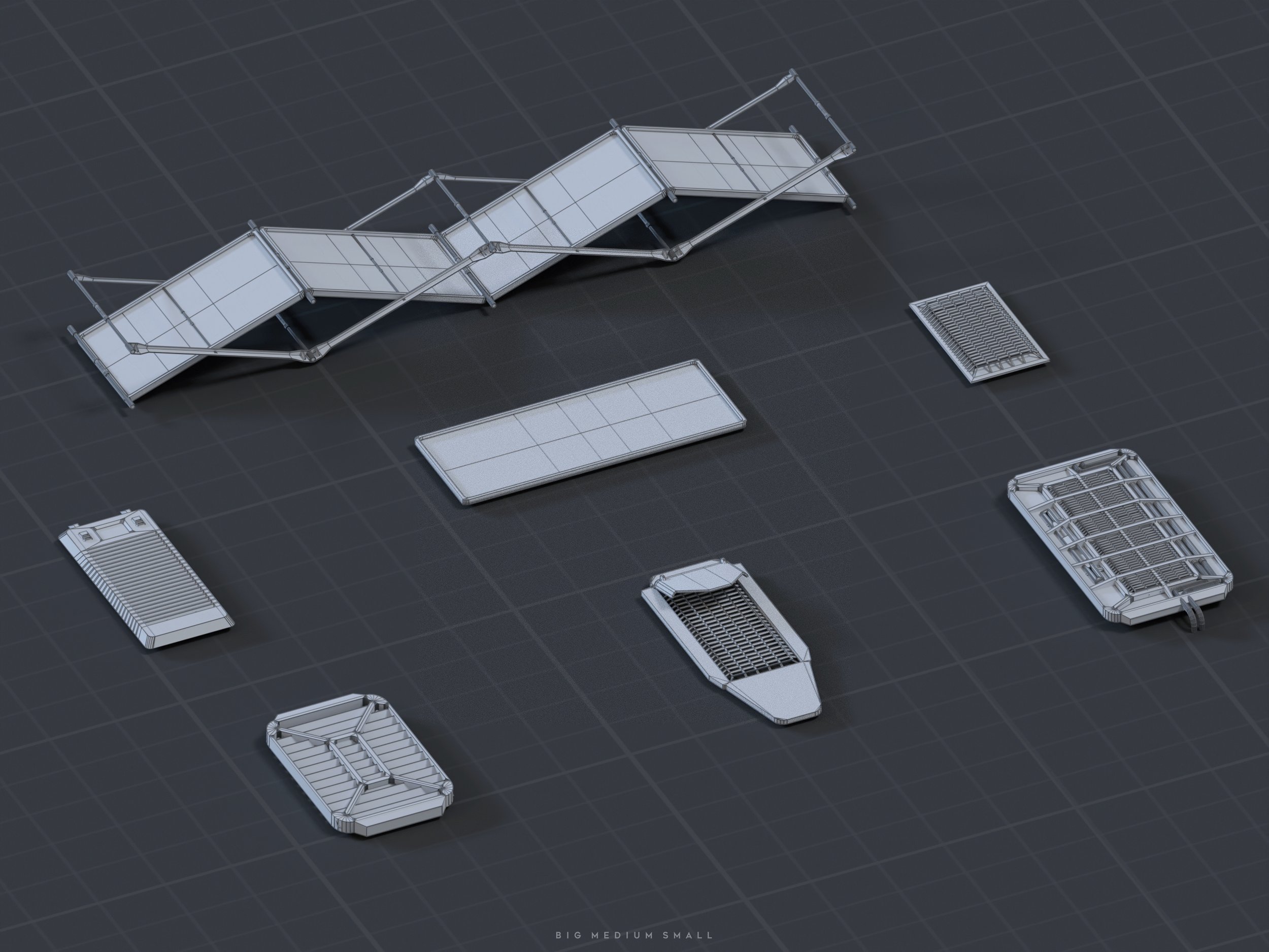 the image displays a 3d wireframe render of various small, seemingly technological components or pieces of equipment, presented in an isometric view on a dark gridded background.  the objects are rendered in a light grey wireframe style, which makes their structure clearly visible. the objects vary in shape and size, and include a foldable panel or display stand, several rectangular objects resembling vents or panels, and what could possibly be electrical components.   the scene is clean and minimalistic, focusing solely on the objects. the text "big medium small" is barely visible at the very bottom.