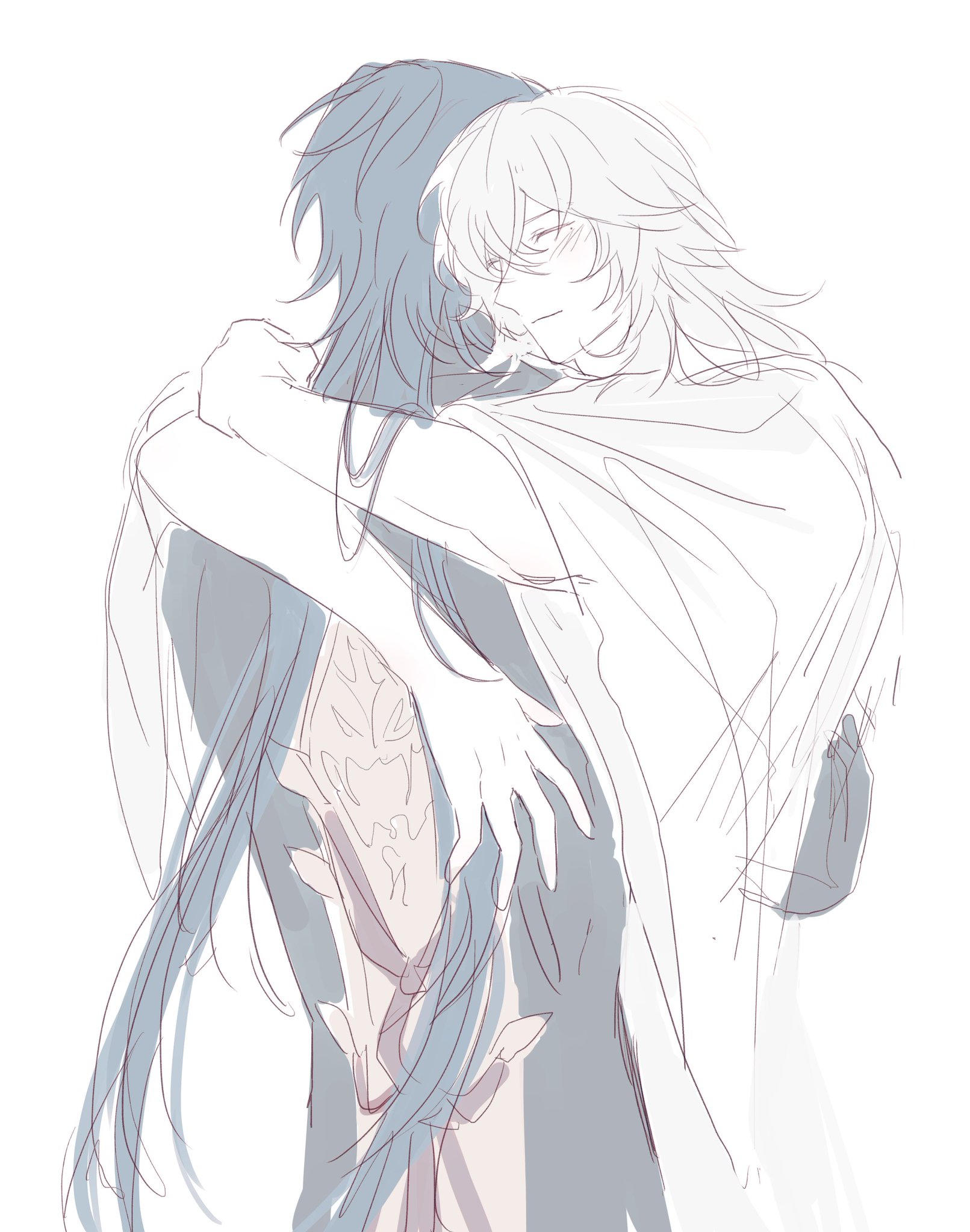 this is a drawing of two anime men in a loving embrace. one of the men is wearing a white cloak and has long white hair, while the other is wearing a dark outfit and has long blue hair. the men are drawn with simple lines and outlines, and the background is white. the illustration is intimate and conveys a sense of closeness and love.