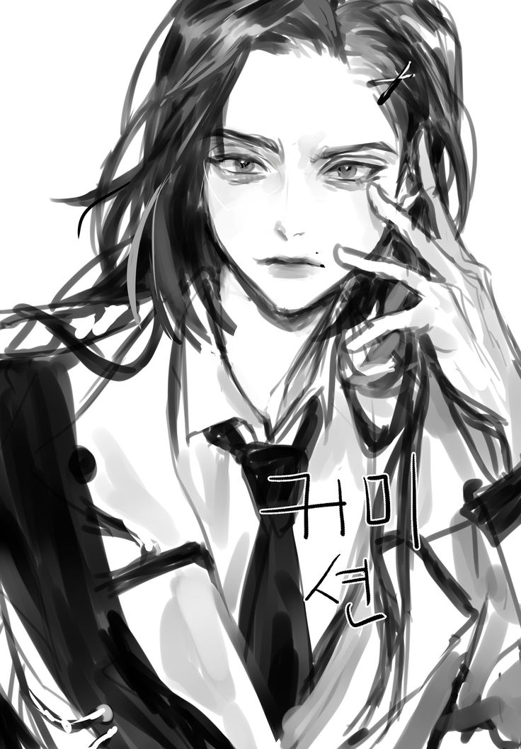 the image is a stylized black and white drawing or digital painting of an androgynous animestyle character. the character has long, dark hair, expressive eyes, and is wearing what appears to be a school uniform with a tie.  they have a serious or pensive expression and are holding their face with one hand. the art style is loose and expressive, with visible brushstrokes or digital paint effects. there's also some korean text in the center of the image. the overall mood is somewhat mysterious and stylish.
