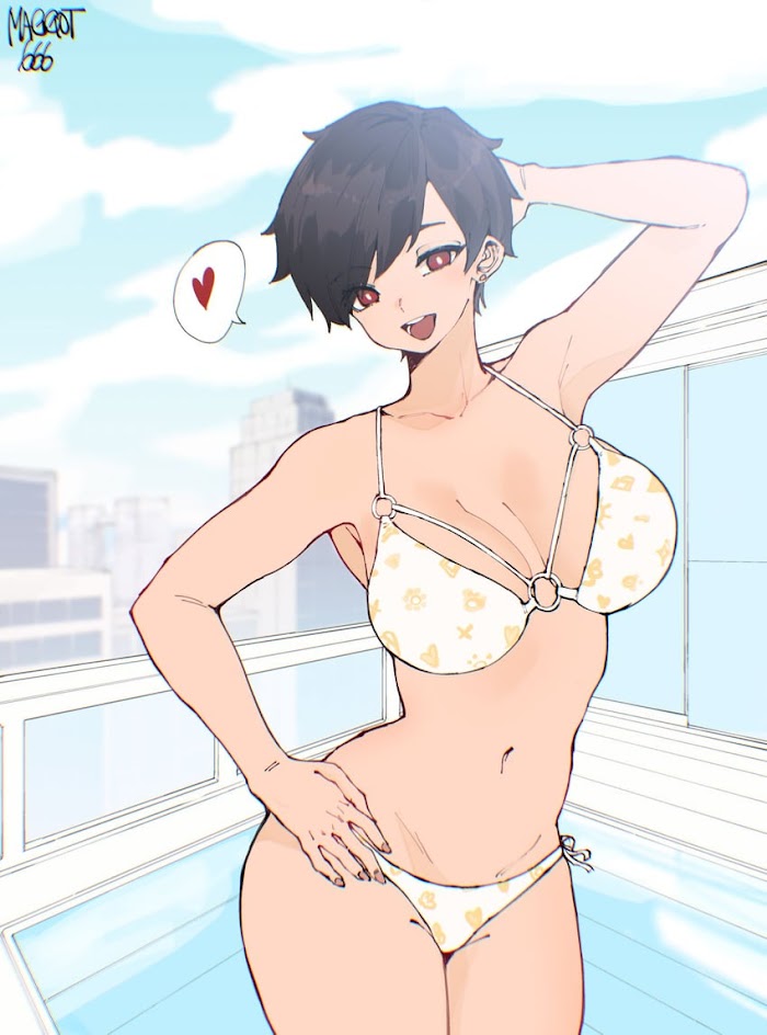 a young anime woman with short dark hair is wearing a white and yellow bikini. she's standing on a balcony, looking over a city. there's a heart drawn on the balcony railing and another floating in the air behind her. she has a cheeky smile on her face and is looking at the viewer.  the illustration is done in a soft and pastel color palette.