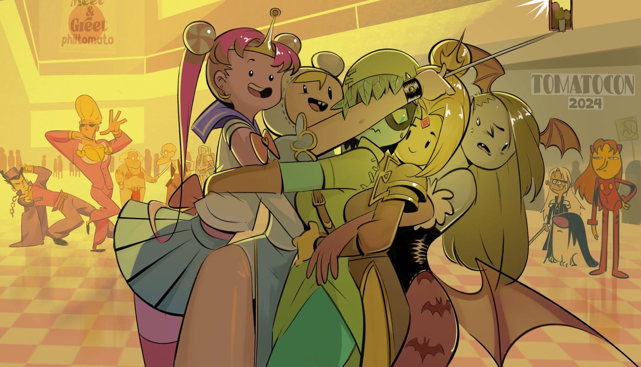 this is an illustration depicting a group of characters from the cartoon adventure time in cosplay at a convention called "tomatocon 2024". the main group consists of princess bubblegum dressed as sailor moon, finn the human in a bear costume, and other characters in various outfits, posing for a photo. a flash from the camera is visible. in the background, there's a crowd of people in various costumes, including references to jojo's bizarre adventure and other anime and pop culture references. a sign that says "meet & greet philtomato" is also visible. the overall scene is humorous and references different fandoms and pop culture icons.