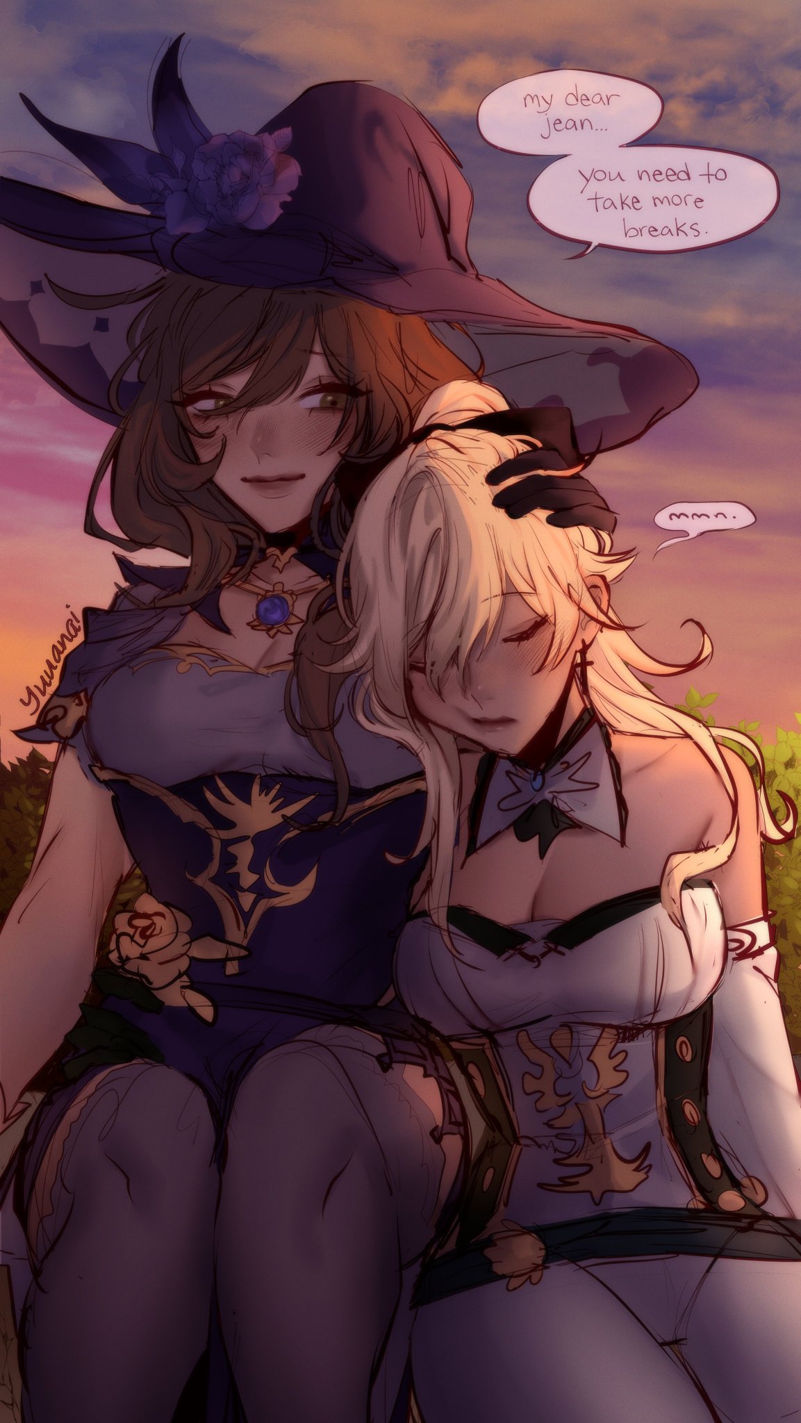 the illustration depicts two young anime women in a picturesque sunset setting. one woman, dressed in a purple and blue witch's outfit with a large hat, is gently embracing the other woman, who wears a white dress with a golden design. the woman in the witch's outfit looks down at the woman in white, seeming to comfort her with a gentle smile. there is a soft, romantic atmosphere conveyed through their interaction and the surrounding scenery.