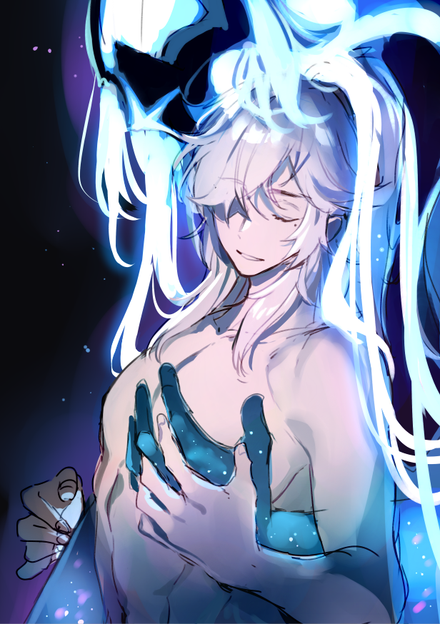 the image depicts a scene from an anime or manga, featuring a young man with long white hair, dressed in a blue and white outfit, embracing an ethereal being. the being is shrouded in a luminous blue aura, radiating light and energy. the man's expression is serene, suggesting a deep connection with the spirit. the artwork is beautifully rendered, with intricate details and vibrant colors. the overall theme of the image is mystical and magical, evoking a sense of wonder and awe. the image showcases the power of connection and the beauty of the ethereal.