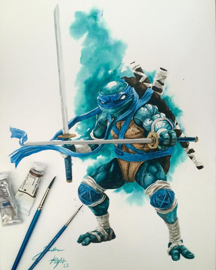 a watercolor painting of leonardo, one of the teenage mutant ninja turtles, standing in a fighting pose with his katana drawn. the background is a blue and green watercolor wash, suggesting a smoky or misty environment. leonardo is wearing his signature blue mask and bandana, and is armored in blue and white.  there are also paint tubes and paint brushes in the picture, showing that this is a work in progress.
