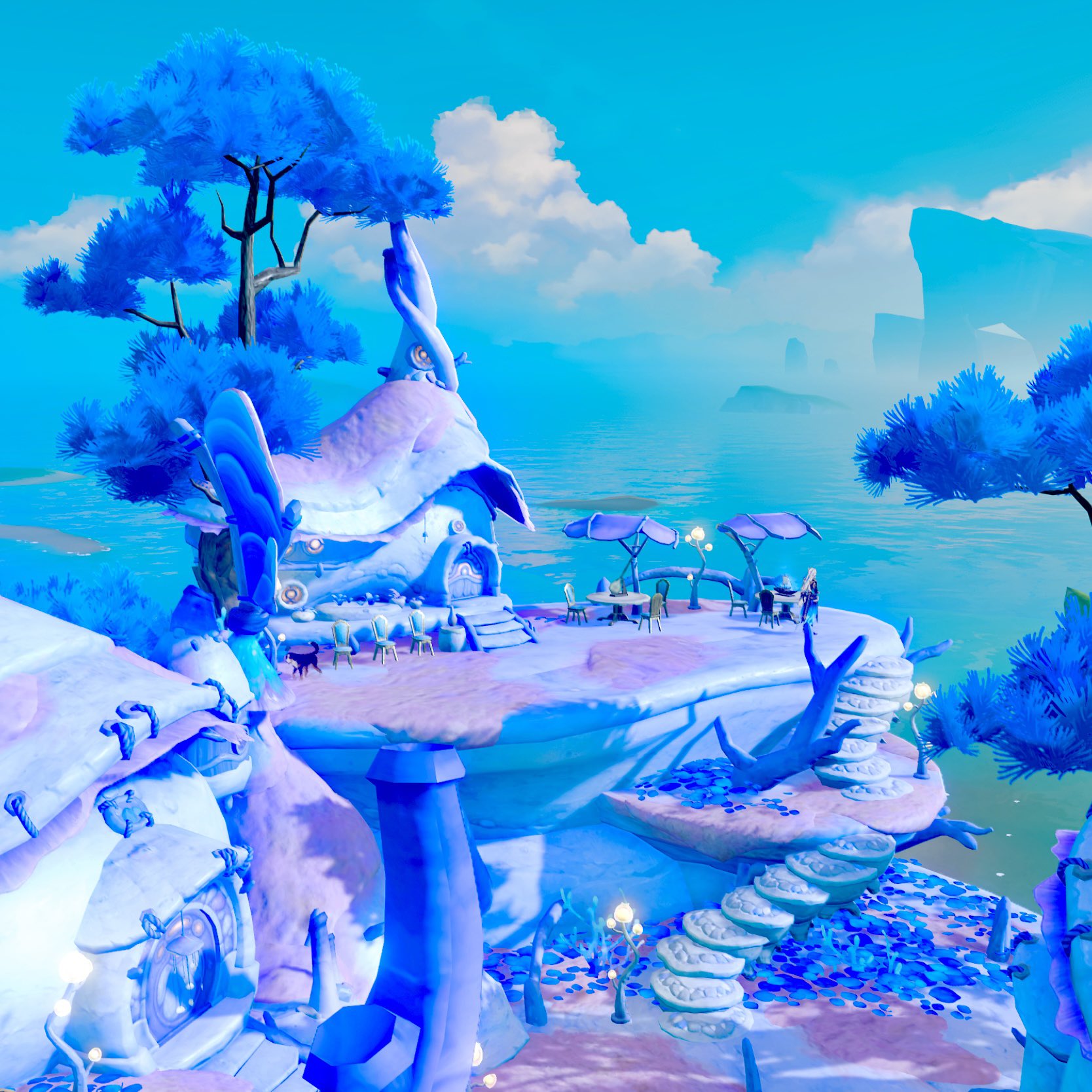 the image showcases a vibrant, fantastical seaside landscape. a whimsical, organicshaped house, reminiscent of a seashell or mushroom, sits perched on a cliff overlooking a serene blue ocean. the house features several tables and chairs set outside, suggesting a cafe or restaurant. the environment is rich with fantastical elements: uniquely shaped trees with bright blue foliage, stairs made of what seem to be large, stacked, pale fruits or vegetables, and a color palette dominated by shades of blue, purple, and pink. the sky is a soft blue with wispy white clouds. the overall atmosphere is peaceful, tranquil, and magical, evoking a sense of wonder and escape. the style suggests a digital illustration or a still from a fantasy game, emphasizing the surreal and dreamlike quality of the scene.