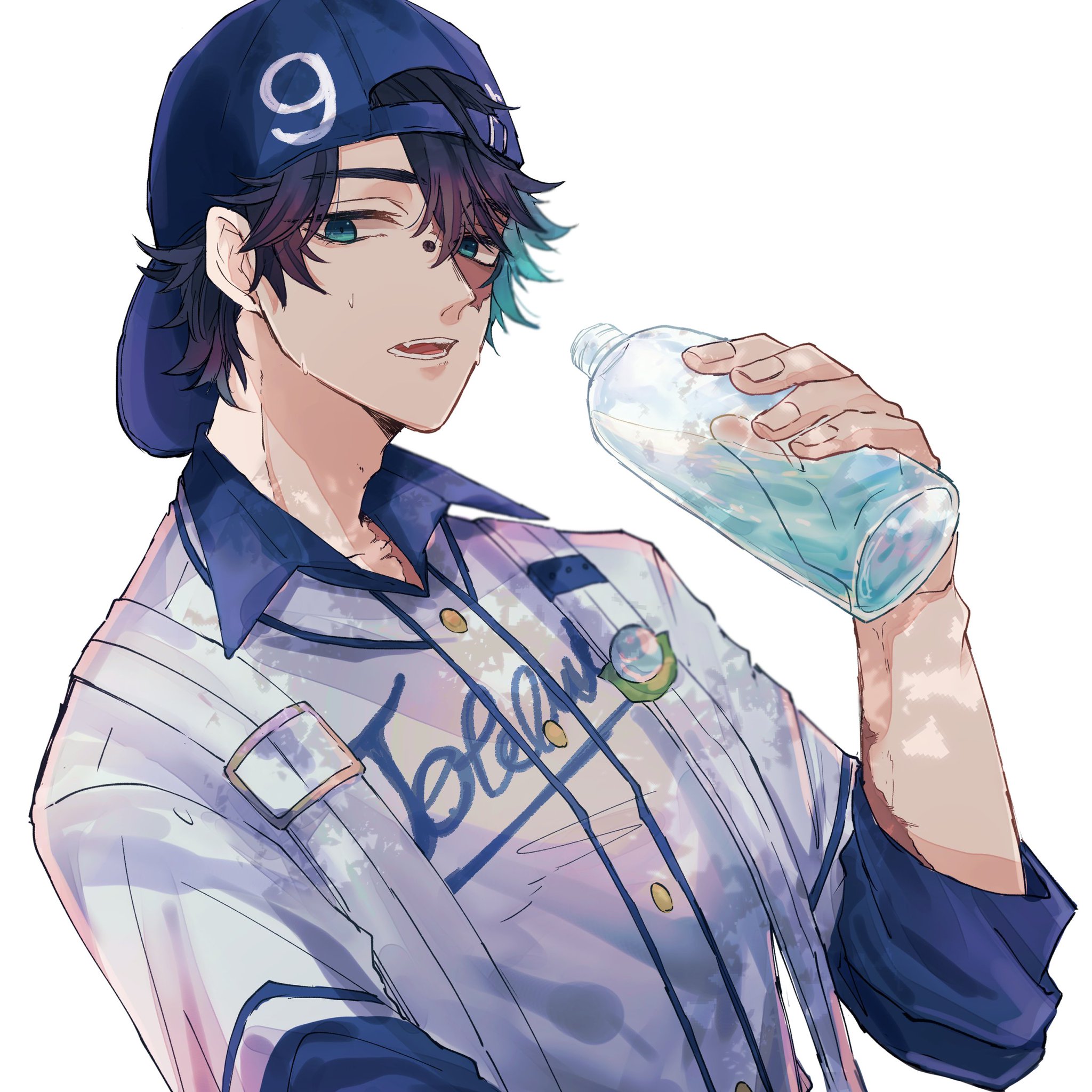 a man is drinking water out of a bottle. he is wearing a blue baseball cap and a white and blue jersey. he is sweating and appears tired.  the image is illustrated in a style similar to anime and manga.