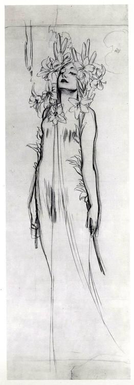 a monochrome sketch depicts a woman standing with her eyes closed, adorned with lilies in her hair and wearing a long gown. the drawing is a portrait and features artistic illustration.