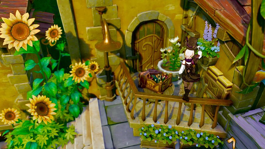 vibrant screenshot from a video game depicts a whimsical fantasy setting. a female animestyle character in a hat and dress stands on a wooden balcony adorned with sunflowers and other flowers.  the architecture is a blend of stone and wood, with a charming, slightly aged appearance. a chest sits on the balcony. the overall style is colorful and playful.