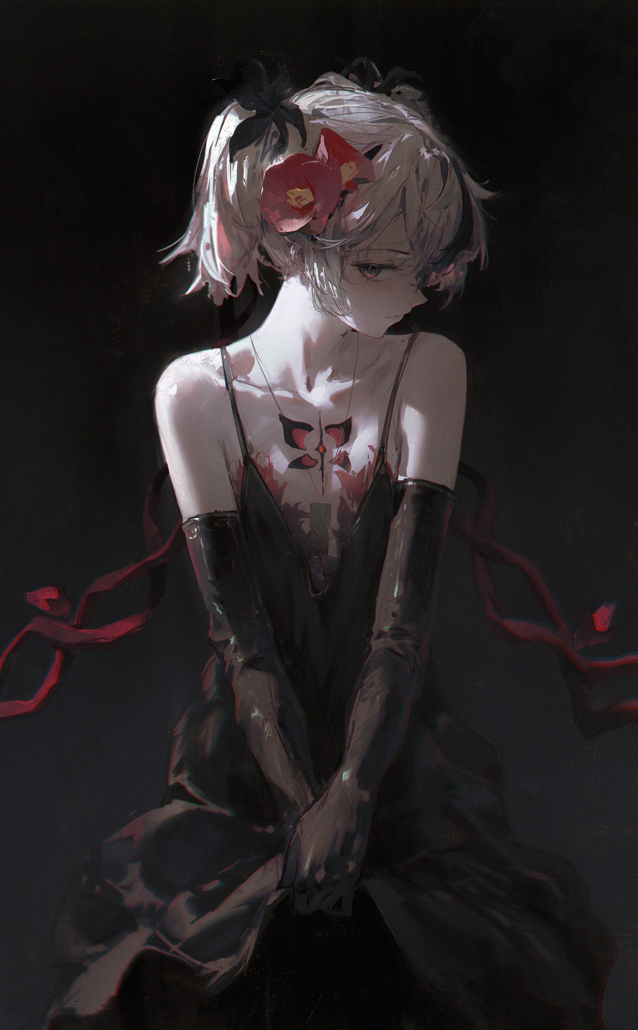 the image depicts an animestyle girl with short, light gray hair adorned with dark red flowers. she's wearing a dark, sleeveless dress and long black gloves. her expression is melancholic, and she appears to have a butterflyshaped tattoo on her chest. the overall mood is dark and gothic, with a focus on the girl's somber demeanor. the artwork style is digital painting, characterized by soft blending and muted colors. the background is mostly black, creating a strong contrast with the figure.