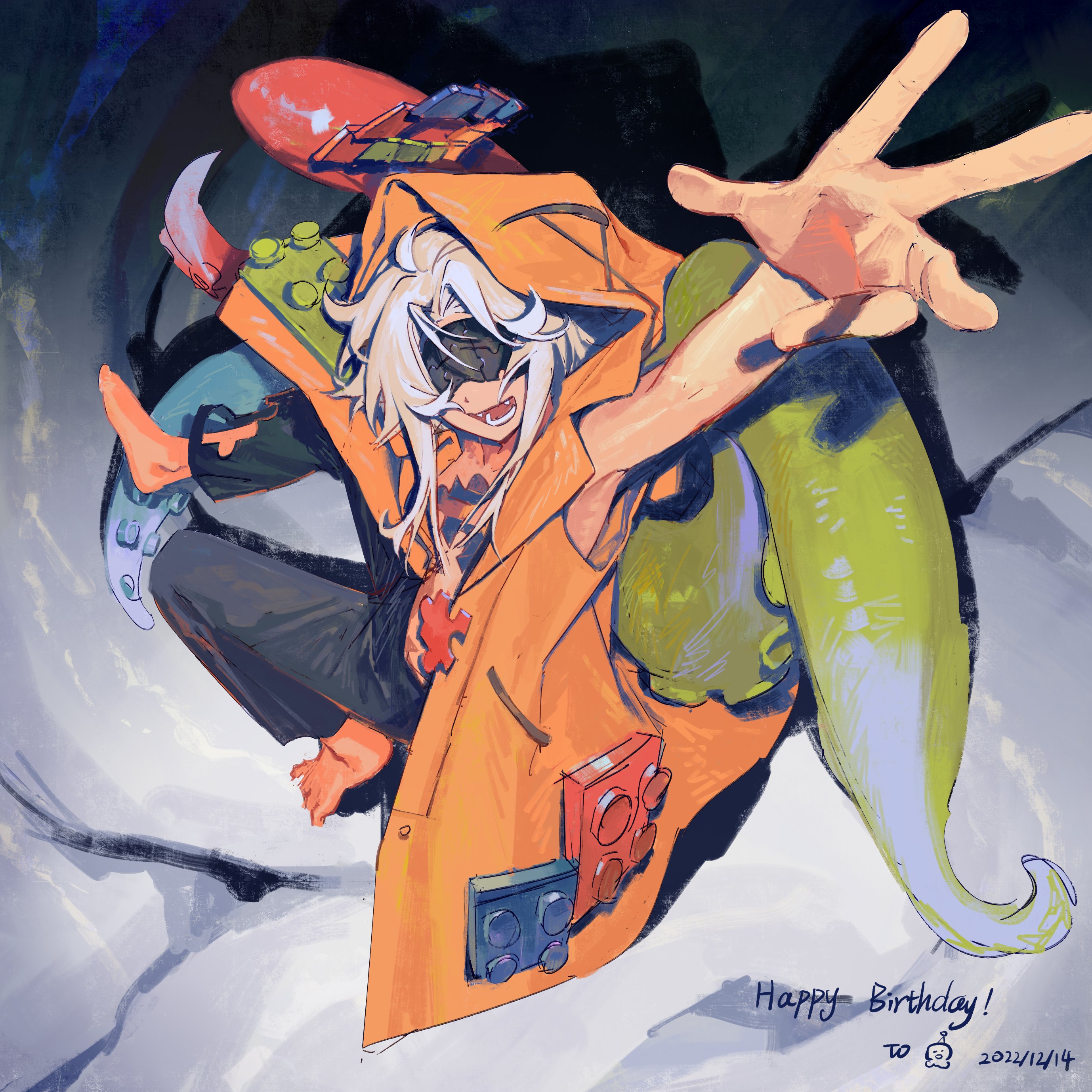 this is a digital illustration of an anime character. he has white hair and is wearing an orange coat and green cloak. he is  flying in the air with a hand outstretched towards the viewer, as if he is about to give a gift. the character looks happy and playful, with a cheerful expression on his face.  the background is a simple white and gray clouds. in the lower right hand corner of the image, there is a birthday message that reads: "happy birthday! to 🤖 2022/12/14." the character is holding a lego toy in his pocket,  which suggests that the gift he is giving is related to lego. the overall mood of the image is whimsical and fun.