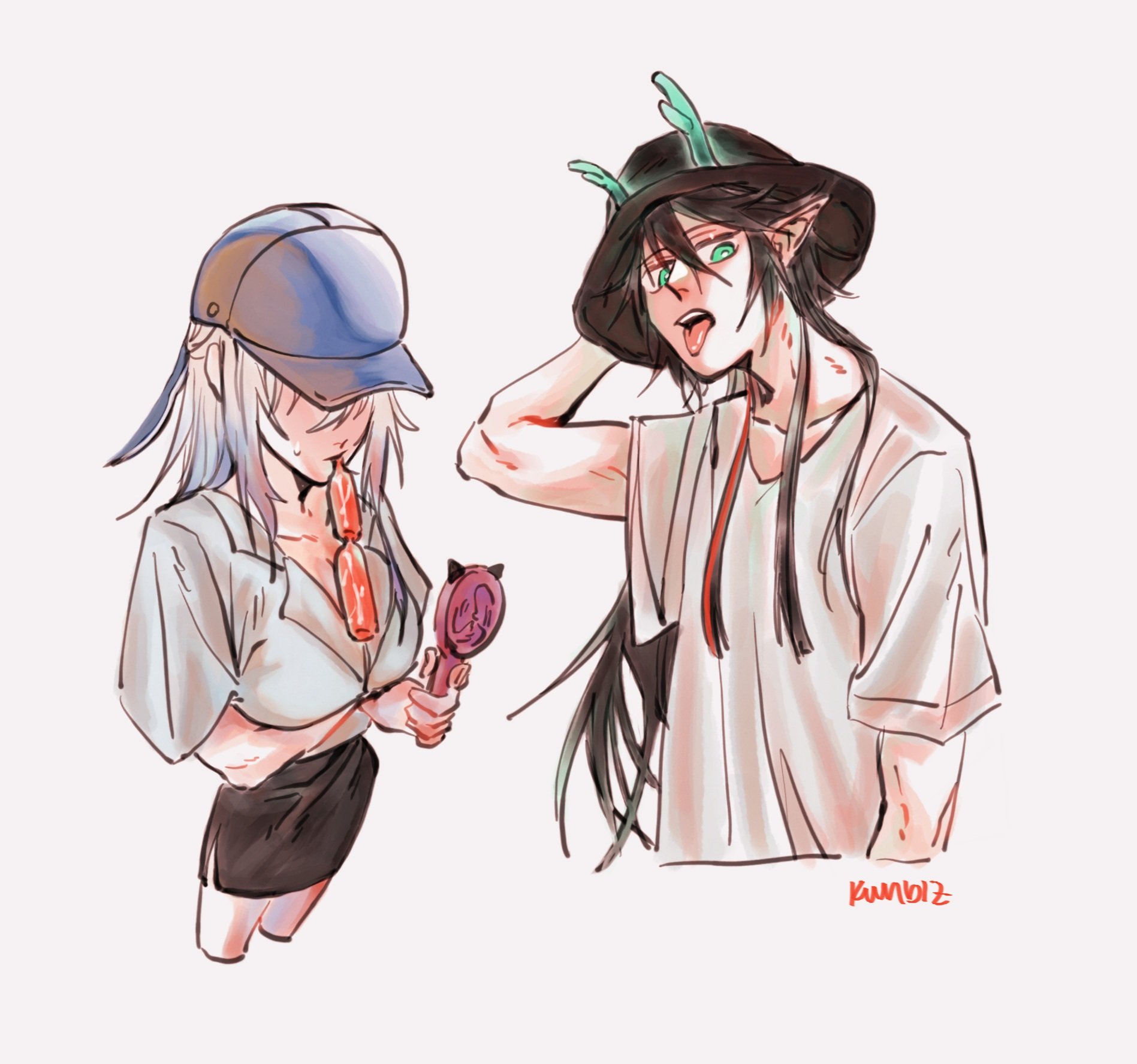the image shows two anime characters. the girl on the left is wearing a blue and white hat, a white shirt with a black skirt, and holding a lollipop. she has long white hair and is looking at the camera. the boy on the right is wearing a white shirt and black hat with green horns. he is looking at the camera and has long black hair. the background is white. the two characters appear to be casually dressed and enjoying summer.