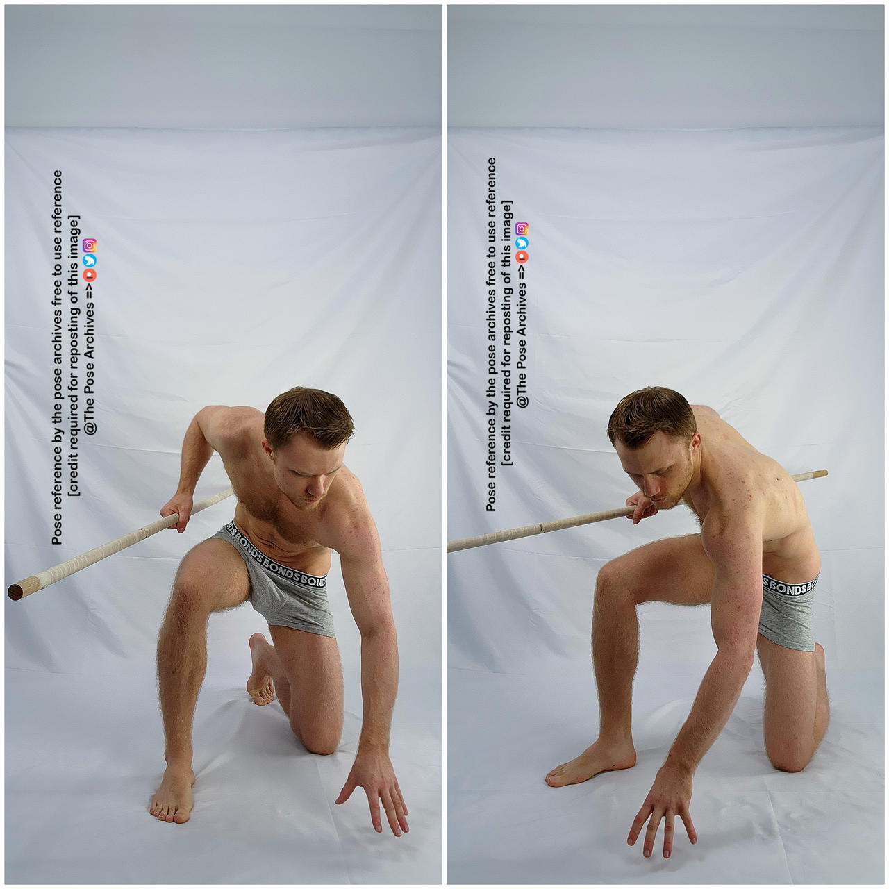 a caucasian male with an athletic build is captured in two dynamic poses against a white backdrop. he is shirtless, wearing only grey boxer briefs, and holds a wooden staff, evoking a sense of action or combat. the left image shows him crouched low, staff held horizontally with both hands, his gaze directed forward. the right image captures a moment of potential attack or defense, with the staff angled upward and his body leaning into the motion. the soft lighting accentuates his physique and the fluidity of the poses.