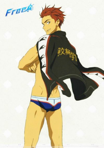 this is an image of a young anime male character from the series free!. he is wearing a swimsuit, and his jacket is partially off of his shoulders. he has red hair, and he appears to be smiling. the background is a simple white with small white circles. in the top left corner is the free! logo in blue, white, and light blue.