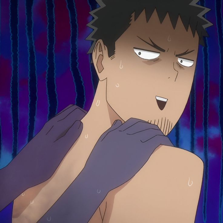 this is a cartoon image of a man with black hair who is shirtless and getting a massage. his face is a mix of worried, embarrassed and nervous expressions. he has a beard and is sweating. the hand giving him the massage is purple.  the background is purple and blue striped lines.