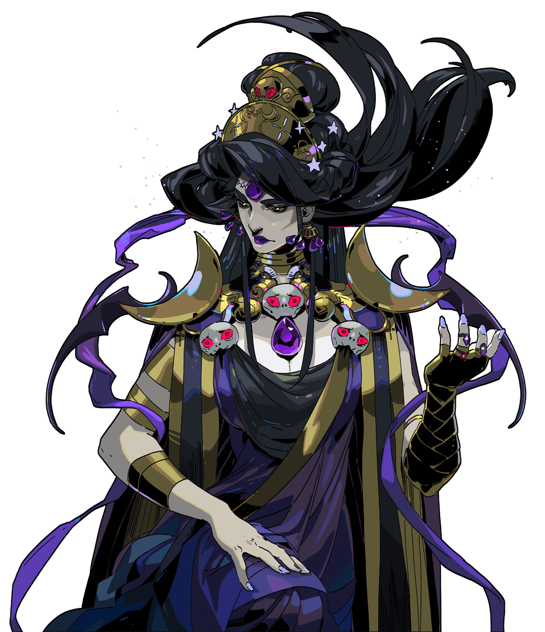 a woman with long dark hair, wearing a purple robe and gold jewelry, with red eyes and a crown on her head. she is looking down and holding a skulllike object in her hand.  she appears to be a fantasy character from a game or illustration.
