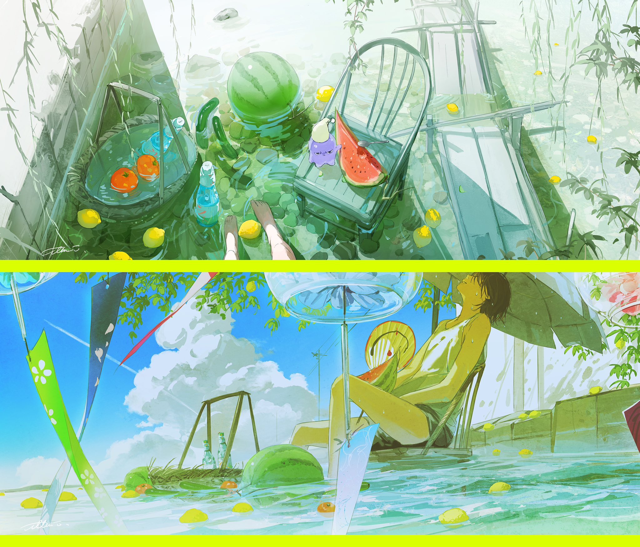 the image is a diptych showcasing a serene summer scene. the top image is from a firstperson perspective, showing feet submerged in cool, clear water filled with slices of watermelon, lemons, and bottles of soda. lush green plants and a brokendown chair frame contribute to the laidback atmosphere. the bottom image reveals a young man relaxing in the same setting, comfortably seated in a chair beneath a parasol. he enjoys a slice of watermelon, surrounded by the vibrant colors of summer, including fluttering banners and a bright blue sky.  the overall ambiance is peaceful and refreshing.