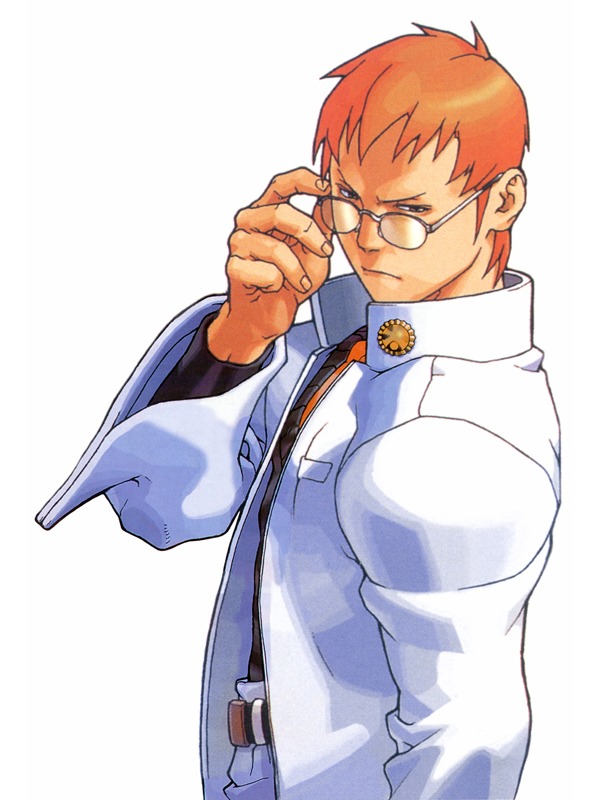 an anime character, a man with red hair, wearing a white coat and glasses. he is looking directly at the viewer with a serious expression. the background is a white wall, and he is the only subject in the image.