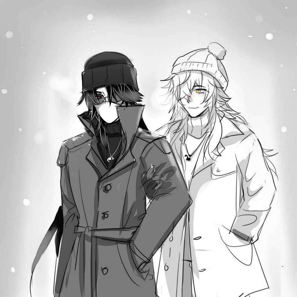 two anime male characters are standing side by side. the character on the left is wearing a black beanie, a black coat, and has black hair. the character on the right is wearing a white beanie, a white coat, and has long white hair. they are both standing against a snowy background and appear to be friends. the scene is drawn in a black and white style.