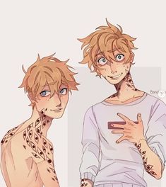 the image shows two depictions of the same young man with blond hair and unsettling anatomical features. he has multiple eyes scattered across his neck, shoulders, and arms. the drawings have a soft, sketchy style, and the character is depicted with an unnerving smile. he appears to be wearing a plain, lightcolored shirt or gown.