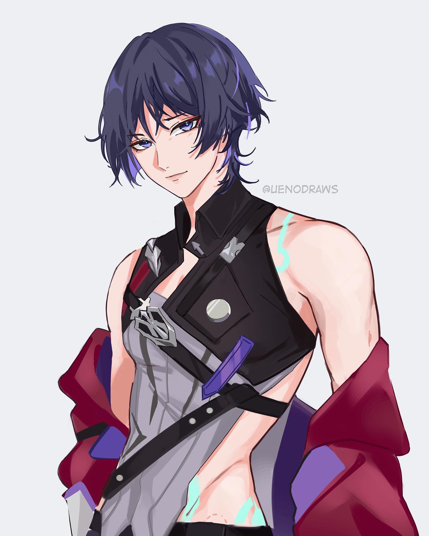 the image is a digital fan art drawing of a stylish animestyle male character. he has shoulderlength purple hair, blue eyes, and a toned physique partially visible through his clothing.  his outfit consists of a sleeveless, gray and black top with straps and buckles, layered over what seems like a dark undershirt. he's also wearing a large red and purple jacket or coat draped over one shoulder. the art style is clean, and the colors are vibrant, with a focus on the character's expression and physique.  the artist's tag, @quenodraws, is visible in the image. the character's design suggests he may be inspired by video games, particularly games with similar art styles like genshin impact.  the character also bears a resemblance to existing genshin impact character designs.