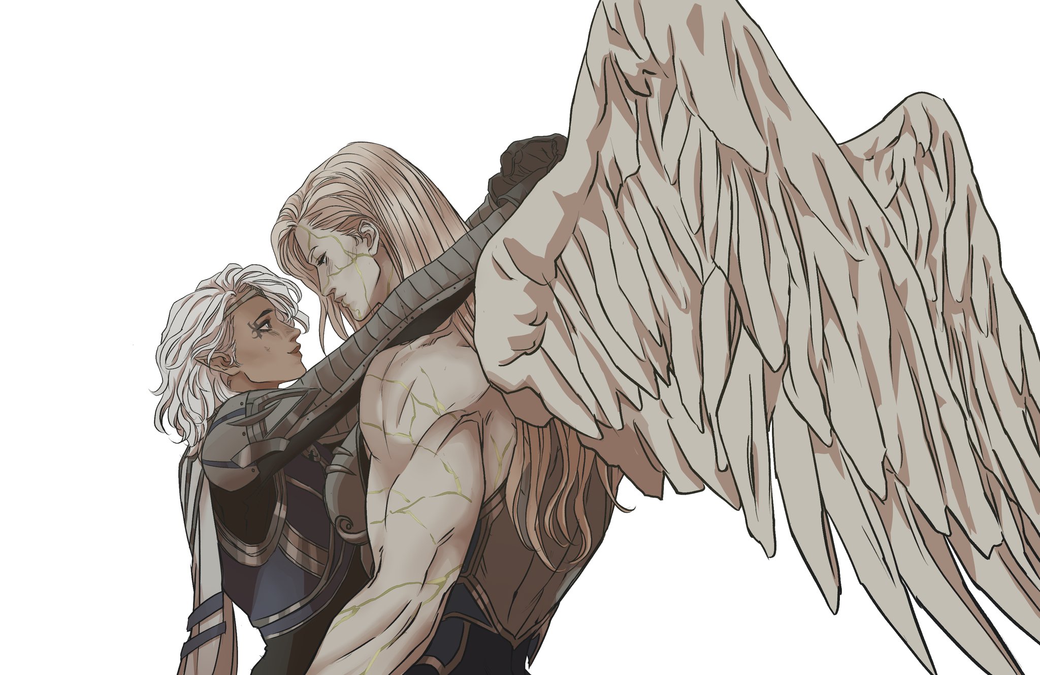 an illustration of a male angel with large wings and a muscular physique embracing an elf. the angel has long blonde hair and visible scars, while the elf has short white hair. they are both wearing armor. the scene conveys a sense of romance and affection.