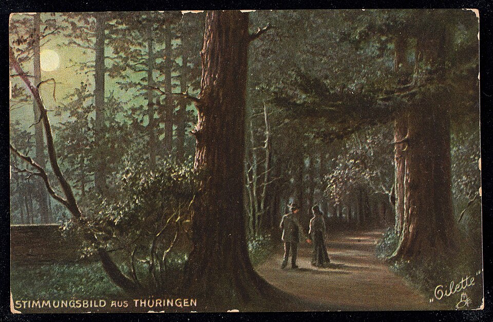 painting of a couple walking on a path in a forest at night with a full moon. the painting is titled "stimmungsbild aus thüringen" and signed "gillett."