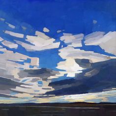 this is an abstract painting of a skyscape. the majority of the canvas features the sky rendered in various shades of blue, white, and gray, depicting a cloudy day. the clouds are painted with visible brushstrokes and a mix of cool and warm tones, suggesting the movement and texture of the clouds. towards the bottom, a thin horizontal strip depicts a dark landscape silhouette, suggesting a field or a body of water, which further emphasizes the vastness of the sky above.