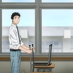 a blackhaired, fairskinned anime boy with a buzz cut is depicted in a classroom setting, standing by a window and holding onto the back of a chair. he's dressed in a white, longsleeved collared shirt, a darkcolored tie, and blue and white checkered pants. he appears to be stacking chairs on top of desks near a large window, which illuminates the room with soft, natural light.  the walls are a pale blue, and the chairs and desks are a light brown. the window frames are brown. the overall tone of the image is calm and serene.