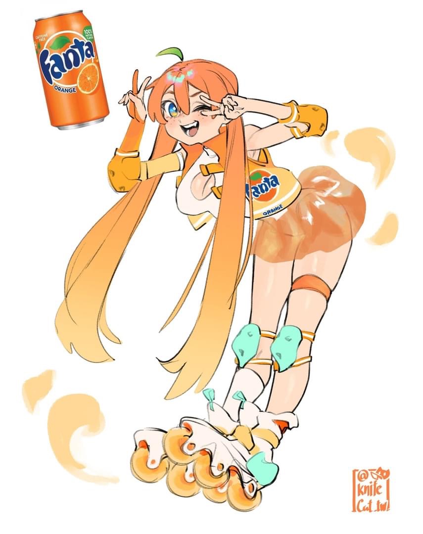 this is a colorful and playful illustration of an anime girl in a orange fanthemed outfit, roller skating.  she has long orange hair and is wearing a orange and white top with the word "fanta" on it.  she also has a bright orange skirt. she is winking at the viewer and holds up her hand in a peace sign.  the image is set against a white background.
