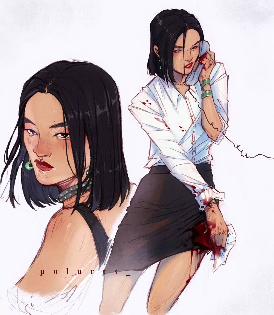 the image is a digital painting/illustration featuring a young woman with dark hair, shown in two perspectives.  one view shows a closeup headshot of her, while the other shows her full body,  in a bloody, injured state, holding a telephone receiver to her ear.  she is dressed in a white blouse and a dark skirt, business attire, suggesting a professional setting. the blood suggests violence or an attack has occurred.  the overall style is a blend of realistic rendering and stylized linework, suggestive of a scene from a suspenseful or crimerelated narrative.  the artist's signature "pol_arts" is subtly placed on the image.