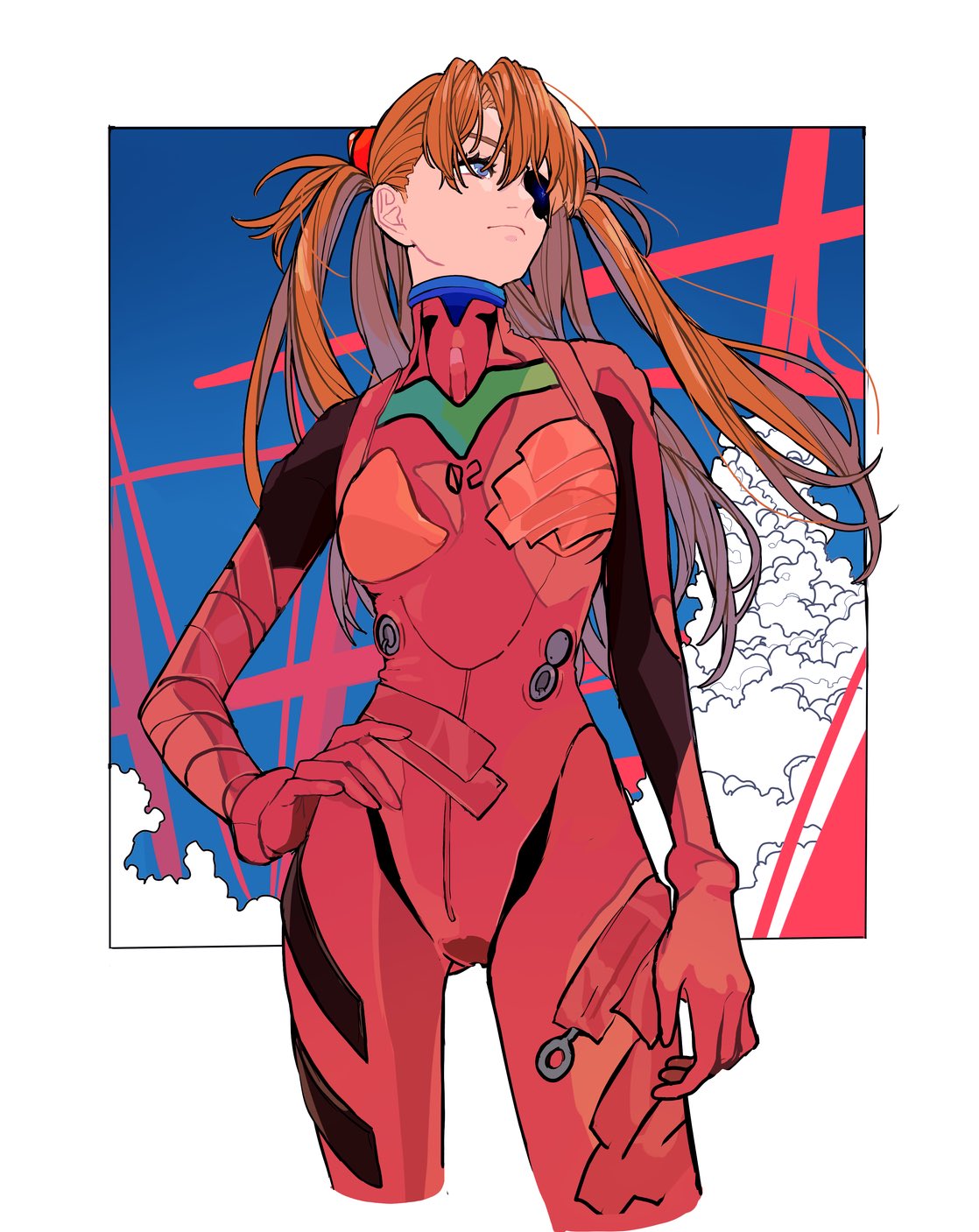 illustration of asuka langley soryu from evangelion, standing confidently in her red plugsuit. she wears an eyepatch and has her signature pigtails. the background is a stylized mix of blue and red with white cloudlike formations.