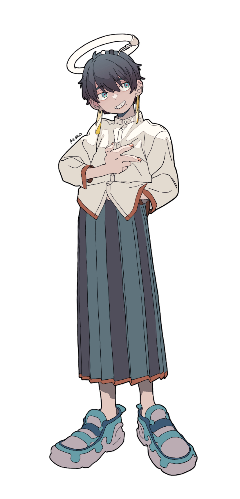 an anime girl with a halo is smiling, she is wearing a white shirt with a black skirt and a pair of blue sneakers.