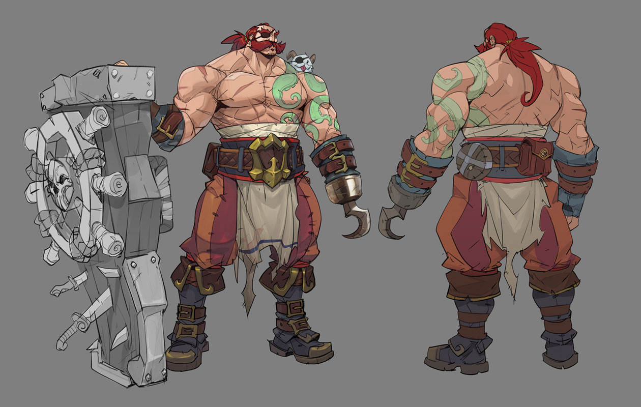 this is a digital illustration of a fantasy character design for a muscular, redhaired, bearded pirate warrior. he is wearing a brown apron over red and orange pants, a brown belt, and brown boots. he has a hook for a hand, is holding a large shield, and has tattoos on his arms. the image shows him from the front and the back.