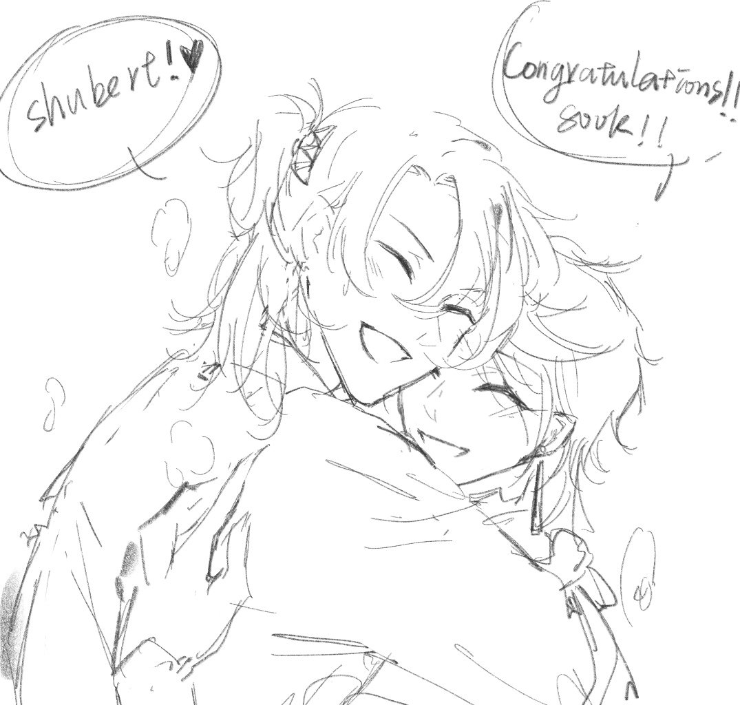 a handdrawn sketch of two anime characters hugging each other. they are both smiling and look very happy. one character is holding a sign that says "congratulations!" and the other is holding a sign that says "shubert!". they are probably celebrating something together.