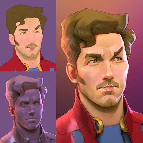the image displays three variations of a digital portrait of a man with light brown hair and stubble, reminiscent of chris pratt, possibly stylized as starlord. the style is reminiscent of cartoon or animated illustrations. the portraits are set against colored backgrounds with varying levels of detail. the main image features vibrant color and detail. a sketch version is present in grayscale. a less detailed version sits in the upper left.