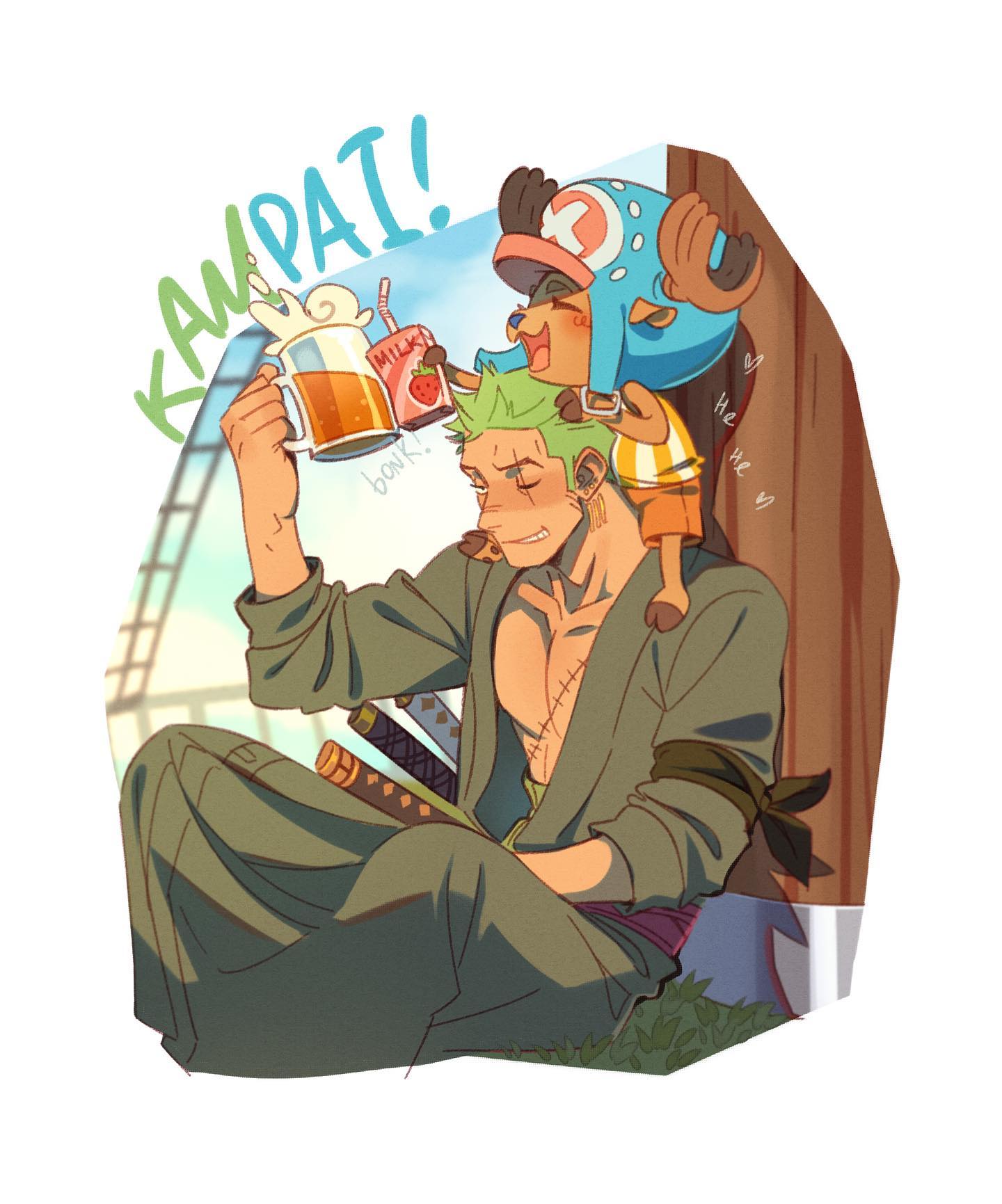 the image is a digital fanart piece depicting roronoa zoro from one piece sitting casually, with tony tony chopper perched on his shoulders.  zoro is holding a mug of beer, while chopper holds a small carton of strawberry milk. the background is bright and sunny, suggesting a relaxed outdoor setting.  the overall style is cute and slightly chibilike, with soft colors and a focus on the characters' friendly interaction. the word "kampai!" (a japanese toast) is prominently displayed, adding to the celebratory mood. zoro's swords are visible at his side. the art style is smooth and detailed with a soft shading technique.
