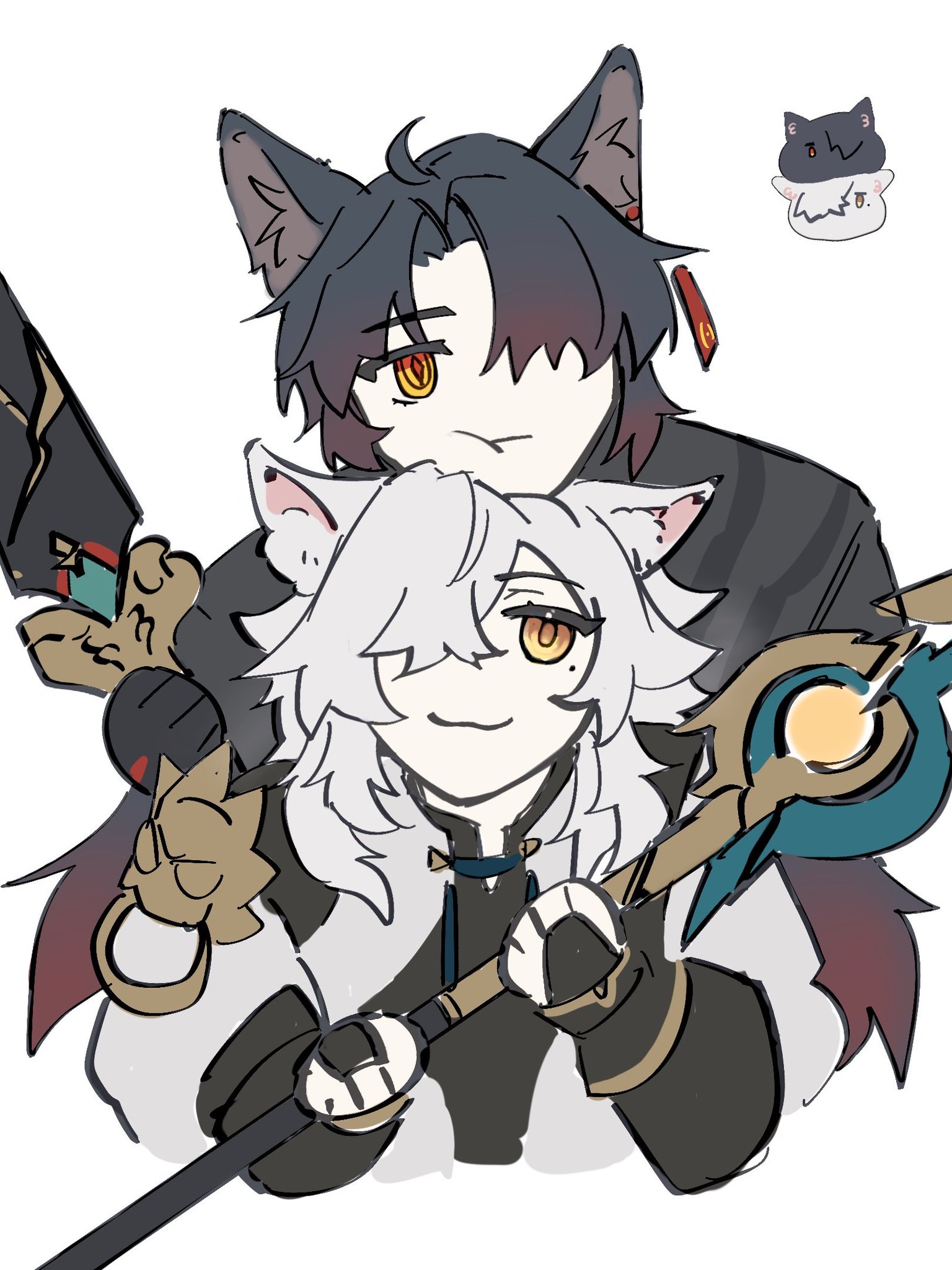 the image is a drawing of two anime characters, one male and one female. both have cat ears and are drawn in a cartoon style. the female character is hugging the male character from the front, while the male character holds a sword in his left hand. the female character holds a staff in her right hand. the two characters are both looking at the viewer. there is a small cat drawing in the top right corner of the image.