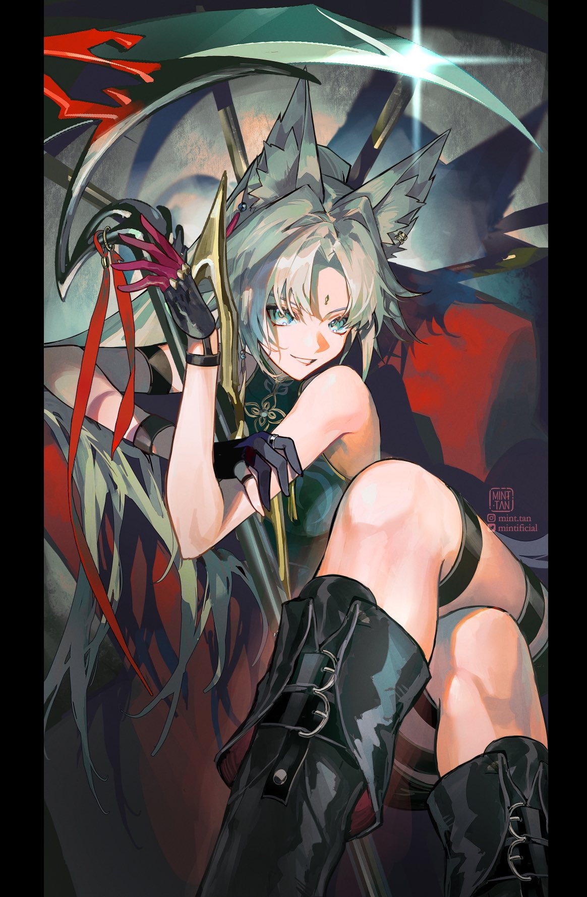 a digital illustration of a female anime character with white hair and blue eyes sitting with a green and black outfit. she is holding a long, green scythe with a red ribbon tied around the handle. the character is smiling and looks confident. the background is dark and blurry, with a red cloth draped over the character's back. she is wearing black boots and gloves. the image is stylized and has a cyberpunk aesthetic.