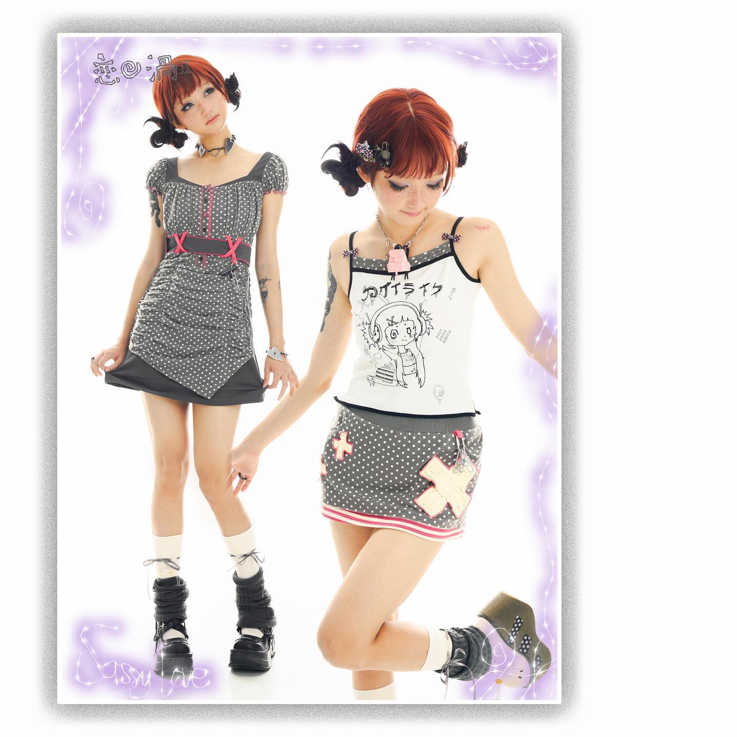 the image showcases two models, seemingly identical twins,  dressed in similar yet distinct outfits.  both are wearing gray polka dot dresses or skirts with pink accents and cross motifs. the top part of one outfit is a white tank top with a cartoon girl graphic and japanese text, while the other has a matching polka dot top. both outfits complement each other.  the models sport short, styled hair, reminiscent of decora or lolita fashion, accessorized with pink bows and other details. they are wearing platform boots and have similar poses, although one is slightly more dynamic. the background is white, and the image is likely promotional material for clothing line showcasing a specific style. the overall aesthetic is cute, playful, and distinctly japanese fashioninspired,  combining elements of multiple substyles.