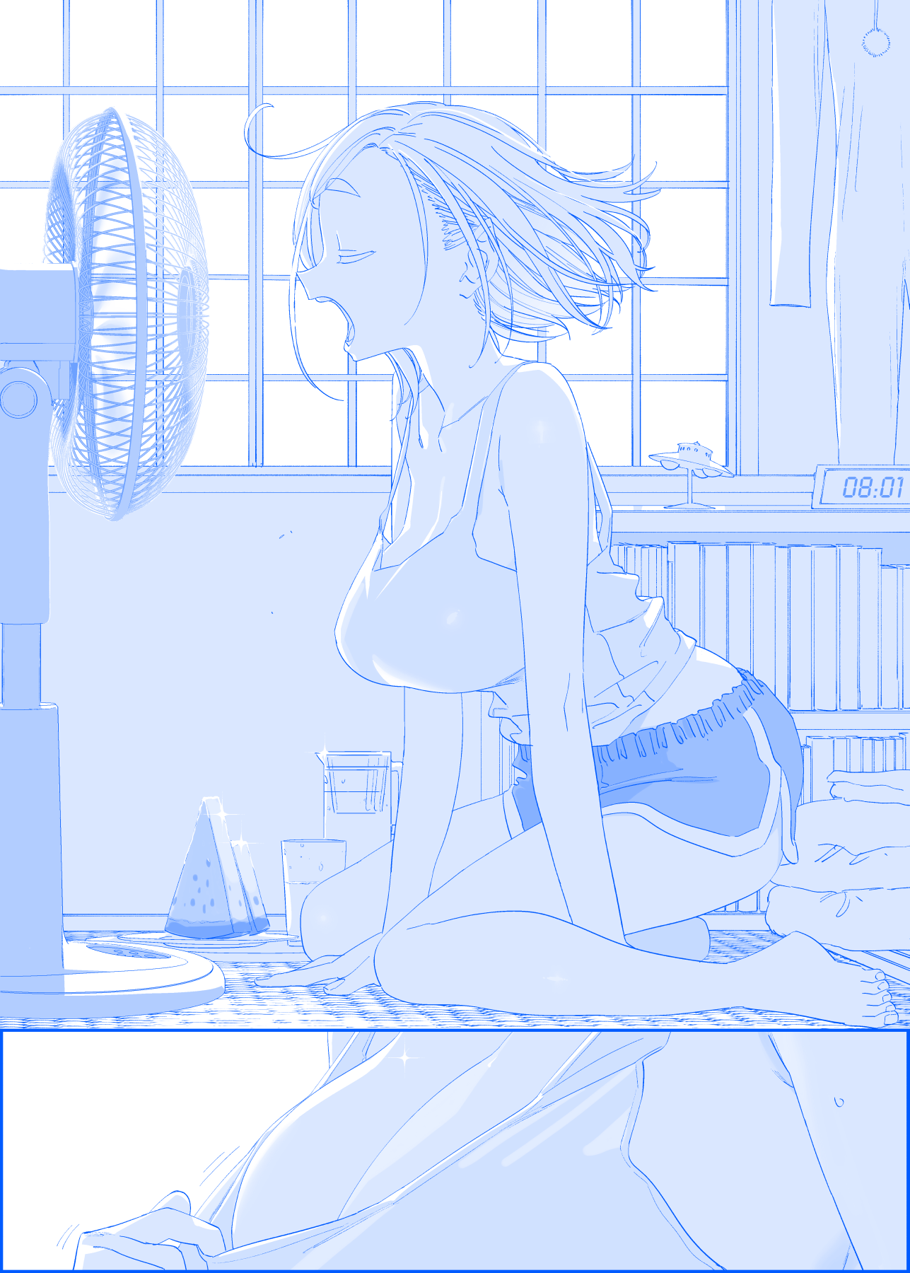 the image shows a young woman in her bedroom, sprawled on the floor in front of an electric fan. she is wearing a tank top and shorts, suggesting the weather is hot. her mouth is open as if she's sighing or exhausted from the heat. a slice of watermelon and two glasses sit on a table nearby, indicating she is trying to stay cool and hydrated. the bright light streaming through the window emphasizes the heat of the day.