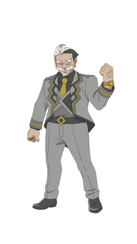 an anime character is depicted wearing a grey suit with a yellow tie. he has white and grey hair with a mustache and a beard. he has his right arm raised, with a watch on his wrist. he is standing on a white background.