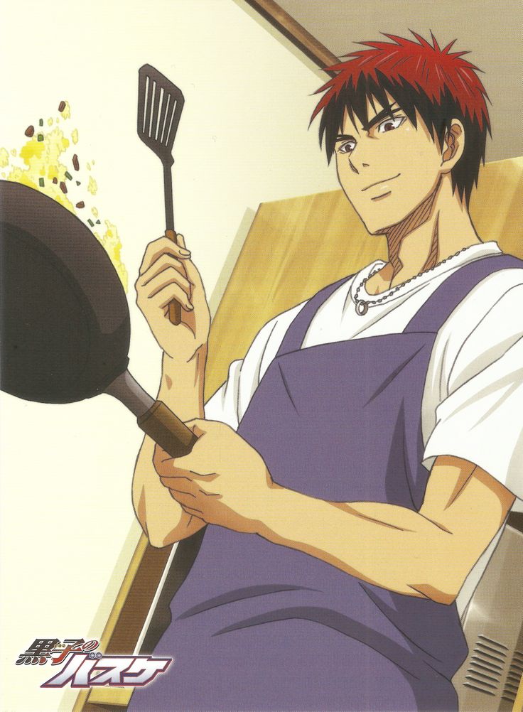 an anime character with red hair is smiling as he holds a frying pan and spatula in his kitchen. the character appears to be cooking something in the pan. the anime character is wearing a white tshirt with a purple apron and a silver chain necklace. he has dark hair, dark eyes, and a tan complexion. the image also shows some text in japanese at the bottom of the picture that reads: "kuroko no basket" which is the name of the anime.