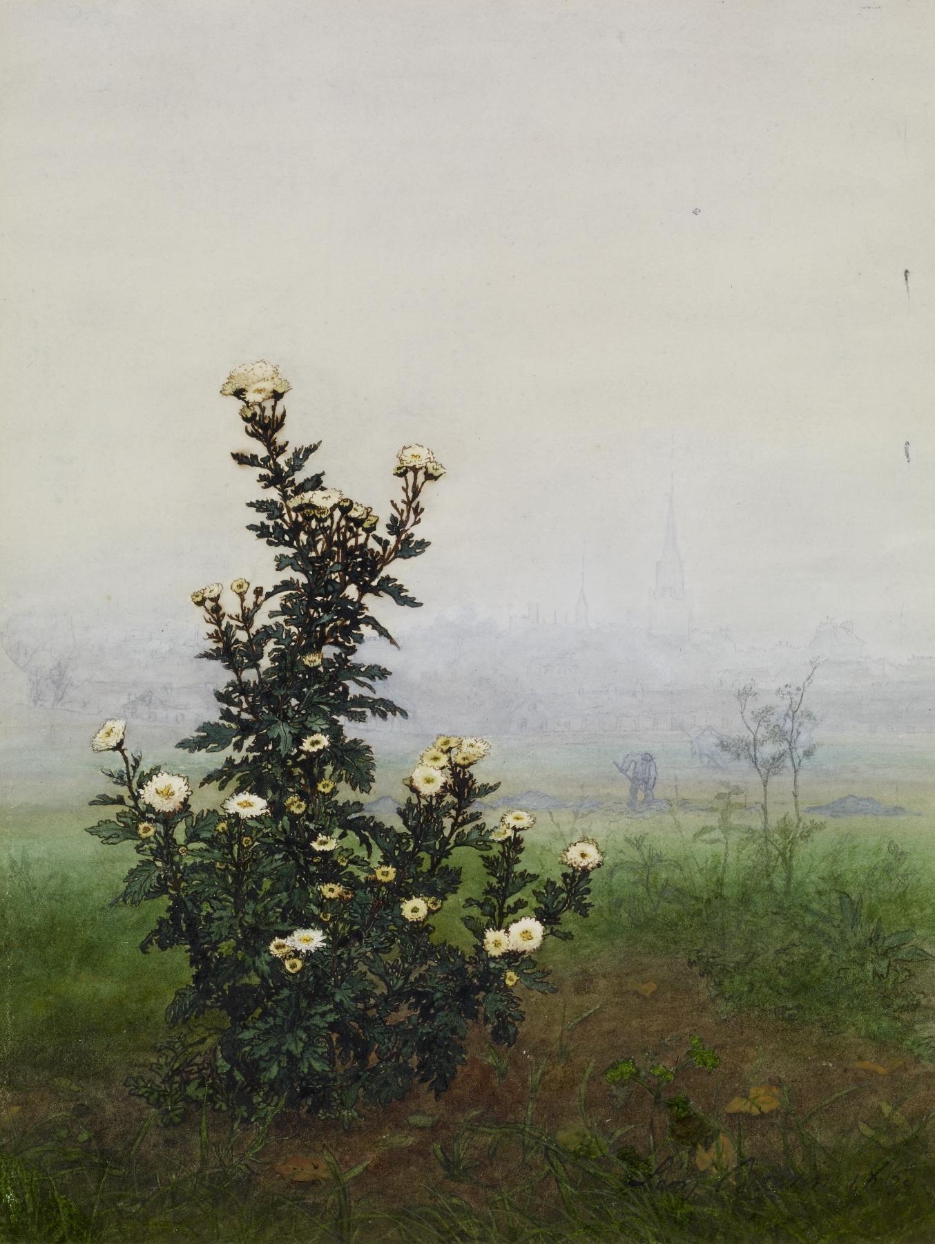 a painting depicts a bush of white daisylike flowers in the foreground of a misty, rural landscape. in the background, obscured by fog, are indistinct buildings and what appear to be human figures. the overall scene is muted and impressionistic.