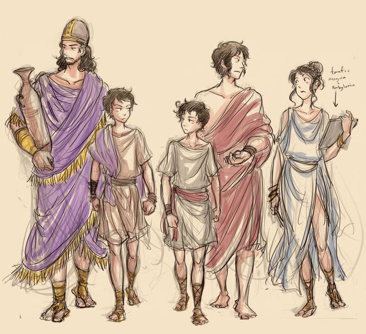 the illustration depicts a group of people dressed in clothing reminiscent of ancient mediterranean civilizations. the style is a blend of classical and fantasy, hinting at a narrative setting.  there's a man in a purple robe and headgear who looks like a religious figure or leader, holding a large vessel, possibly a ceremonial urn.  standing beside him are two boys and a girl, who appear to be his family.  another man is present dressed in a reddish toga, and a woman in a flowing light blue dress who holds a tabletlike object, which may suggest she’s a scholar or scribe. the artistic style is loose and expressive, with visible pencil strokes and a slightly muted color palette giving a vintage feel.  the text "fantastic persia/babylonia" near the woman suggests the artist's intent to blend or explore multiple ancient cultures in the image.