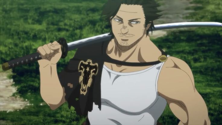 a character from the anime black clover, yuno is holding a sword behind his shoulder, wearing a tank top, and a grimoire with the black clover symbol on his chest. the character is posed in a confident stance, with the sword held in a way that indicates he is prepared for battle.
