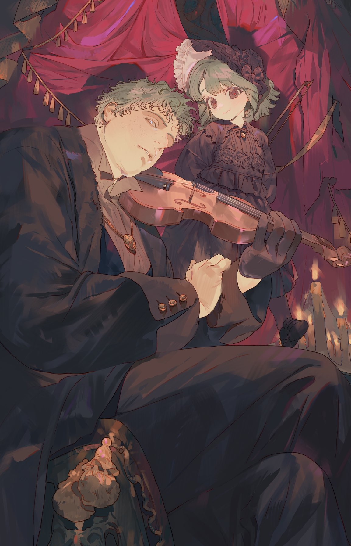 an illustration features a man and a young girl. the man, dressed in a black suit and a collared shirt with a pendant, is seated and holding a violin. he appears to be playing the instrument. the girl, wearing a dark dress with a white bonnet, stands behind him to his right. a red curtain serves as a backdrop for the pair. a row of candles can be seen in the bottom right corner of the image.