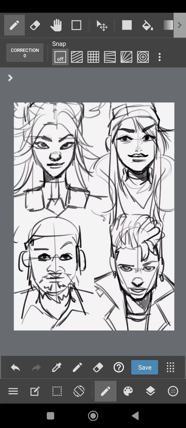 the image shows a screenshot of a digital art app interface.  the main focus is on a grayscale sketch of four young adult characters, possibly anime or mangainspired, depicted in profile and from the front, in a collagelike arrangement.  the characters have distinct hairstyles and expressions. the app's toolbar and drawing tools are visible at the top and bottom of the image.  grid lines overlaid on some of the sketches suggest the artist is using construction techniques to help with proportions. the "save" button is highlighted.