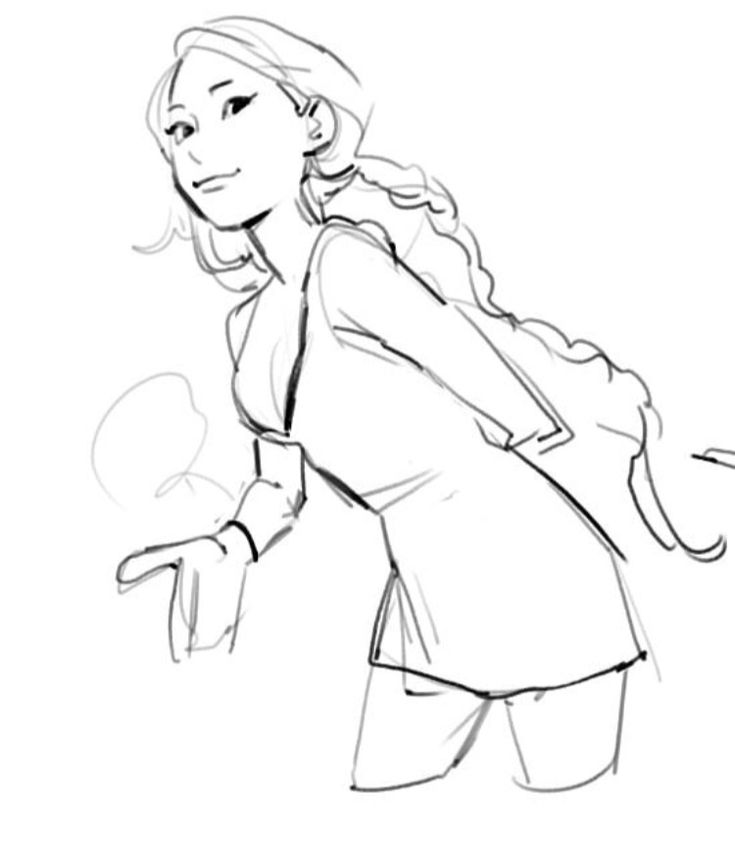 a simple line drawing of a woman with her hair tied back in a ponytail, smiling.  she appears to be wearing a casual outfit like a tshirt or tank top and shorts.  she's posed from the side, with her right leg slightly bent and her left leg extended.  her right hand is holding something that's not fully visible, and her left hand is down by her side.  she's facing to the left.